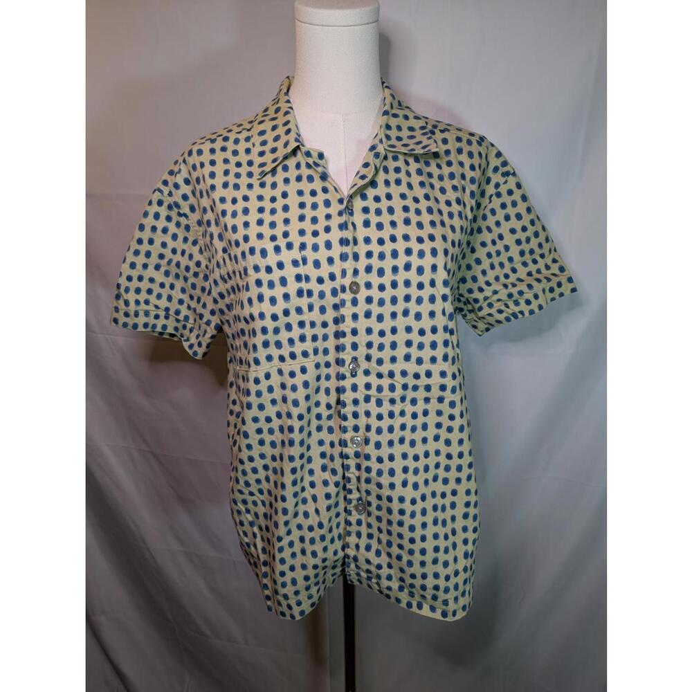 Men's Small Short Sleeve Button-Up Shirt Yellow w/ Blue Dot Pattern Target BHM